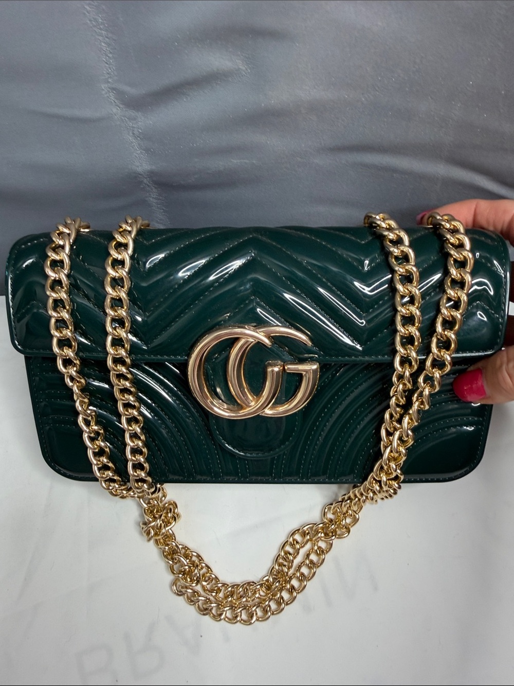 Design  Dark Green vinyl  Shoulder Bag with Gold Chain